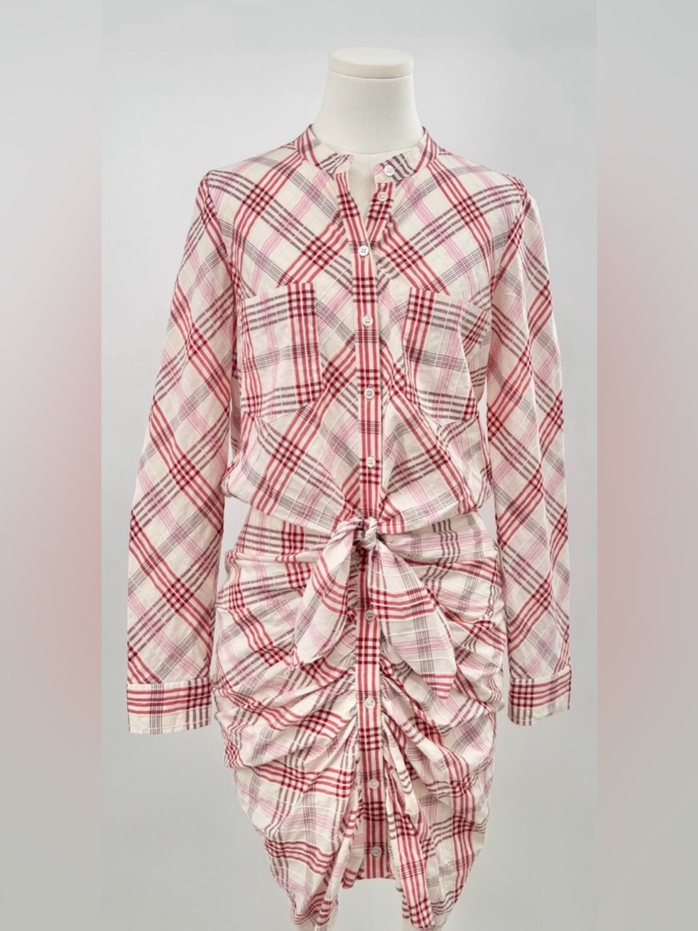 Veronica Beard Della Plaid Tie Front Dress Red & White Shirt Dress Ruched Mini 8